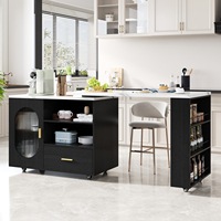 Îlot de cuisine mobile multifonctionnel OEM avec table extensible, plateau effet marbre, étagères de rangement, porte en verre, tiroir et roulettes