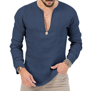 Camicia a maniche lunghe da <span class=keywords><strong>uomo</strong></span> in cotone e lino vintage, casual, tinta unita, vestibilità ampia, per primavera e autunno - Grande successo! - Product Image 2