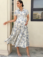 Robe de maternité à manches courtes, ceinturée, à volants, motif floral vintage, longueur midi, pour femmes enceintes, col et manches courtes