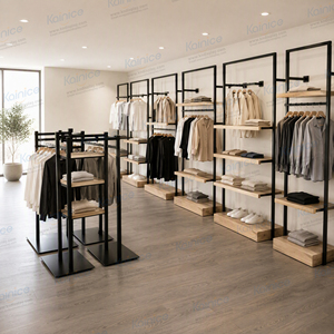 Kainice Customized Freestanding Industrial Pipe Metal <strong>Wood</strong> Garment Display Stand Wall Mounted Clothes <strong>Rack</strong> for <strong>Clothing</strong> Store - Product Image 3