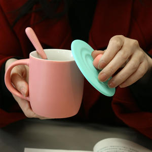 Cerouky Ceramic Mug With Lid And Spoon <b>Macaron</b> Color Pair For Home Office Use - Product Image 2