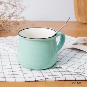 Taza grande de porcelana con borde estampado a mano, cerámica esmaltada con logo personalizado, azul, café, té, leche, <span class=keywords><strong>capuchino</strong></span>, 14oz - Product Image 4