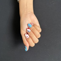 Faux ongles carrés courts à presser, motif pomme bleue, chiot, étoile et nœud, peints à la main, en gel, faits à la main, réutilisables, ajustement personnalisé