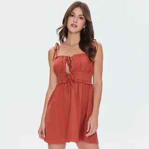 Custom women's halter Halter Pleated V-neck mini sexy peplum sleeveless solid color belted linen casual dress