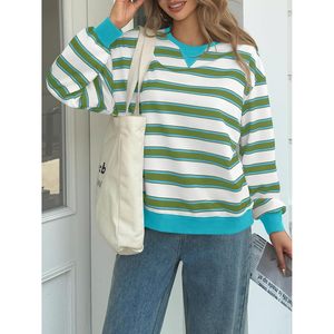 Fisoew Womens Striped Oversized Sweatshirt Crewneck Long Sleeve Casual Pullover Tops Breathable Cotton <b>Blend</b> Regular Fit - Product Image 5