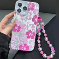 Funda para Teléfono Móvil con Hermoso Estampado de Flores Rosas y Brazalete con Patrón de Seda Plateada para iPhone 11 12 13 14 15 16 17 Air