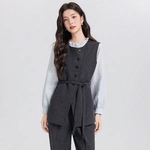 Women's Waist Cinching Vest Wide Leg Pants Set Solid Color Korean Style Spring Autumn Casual Suit Three Piece Outfit - Product Image 3
