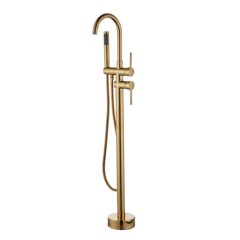 Brass GOLD Free Standing Bathtub Torneiras Floor Mounted Bathtub Faucet Mixer com chuveiro de mão
