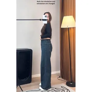 بنطلون جينز نسائي بمقاسات كبيرة، تصميم نحيف بأرجل واسعة وخصر عالي، موديل جديد للربيع والخريف بطراز أمريكي عتيق - Product Image 4