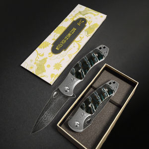 Cuchillo plegable de acero de Damasco hecho a mano, mango de molares mamut de acero de Damasco, <span class=keywords><strong>cuchillos</strong></span> de bolsillo para acampar al aire libre - Product Image 6