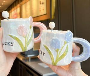 Frauen niedlichen 380ml Tulpe Keramik becher handgemachte Geschenk 3D Blumen becher für Lehrer tag & Geburtstag für Camping - Product Image 5