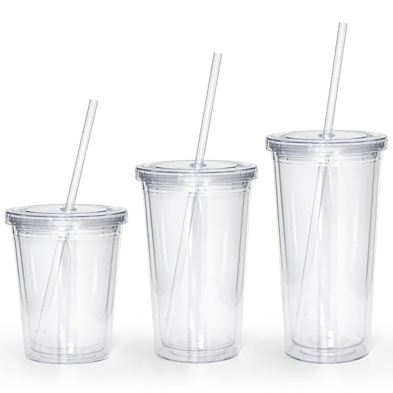 Tùy chỉnh 12oz 16oz 24oz tái sử dụng du lịch cốc cà phê đá đôi tường Tumblers cách điện fjuice rõ ràng cốc nhựa với rơm và nắp