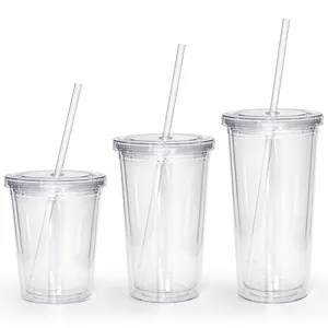 Özel 12oz 16oz 24oz kullanımlık seyahat buz kahve kupalar çift duvar Tumblers yalıtımlı fjuice şeffaf plastik bardak saman ve kapaklı