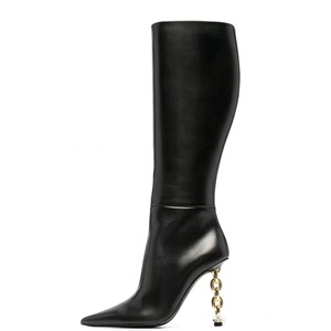 Bottes hautes uniques dorées pour femmes à talons fins, bout pointu, talon aiguille, grandes tailles 44 - Product Image 1