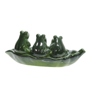 Ciotola in ceramica per l'alimentazione degli uccelli da giardino, decorativa per esterni, con tre rane su un design a ninfea. - Product Image 2