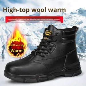 Chaussures <span class=keywords><strong>de</strong></span> sécurité d'hiver pour hommes, montantes, embout en acier, anti-écrasement, anti-perforation, doublées <span class=keywords><strong>de</strong></span> polaire, rembourrées <span class=keywords><strong>de</strong></span> coton, surface en cuir imperméable - Product Image 4