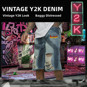 Jeans en denim tricoté déchiré de haute qualité pour hommes, coupe droite, coton, vintage, style Y2K, baggy, streetwear - Product Image 2