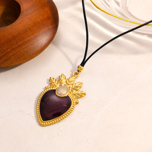 SUMMLY Vintage Drip Oil 18K Gold Plated Stainless Steel Heart <strong>Pendant</strong> Leather <strong>Cord</strong> <strong>Drop</strong> Necklace Fashion Jewelry - Product Image 2