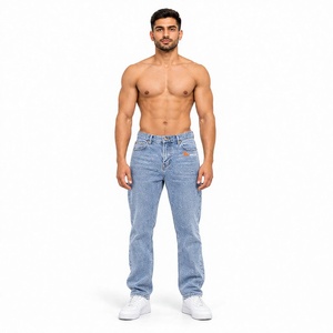 Men's High Waist Stonewashed Denim Jeans Straight Fit Light Blue Cotton Casual Pants With Rivets Button Fly Denim Jeans - Product Image 1