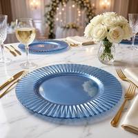 Assiette de présentation ronde en verre cannelé bleu soleil de 13 pouces, assiette gaufrée pour la décoration de table à la maison, dans les hôtels, lors de mariages et de banquets