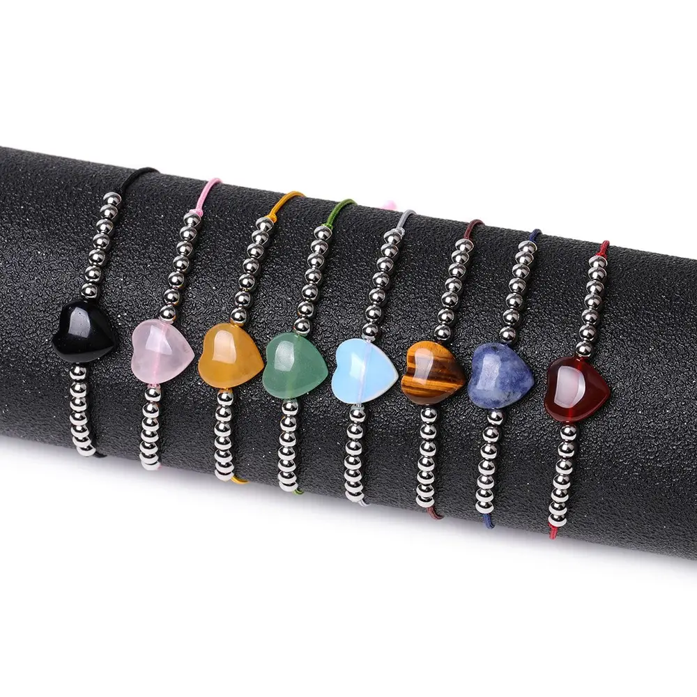 Pulseras de corazón de piedra, piedras preciosas naturales, cristales curativos, pulseras ajustables de cuerda para mujeres y hombres, regalos de joyería