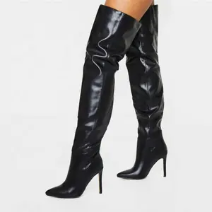 coxa de couro preto botas de salto Suppliers-Customized High Quality Women's Over the Knee High Boots Black Leather High Stiletto Heel Pointed Toe Thigh High Boots Winter