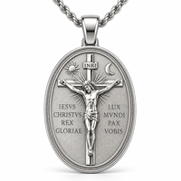 Collier pendentif croix crucifix Jésus couleur argent en acier inoxydable, médaille ovale INRI, bijoux catholiques chrétiens pour hommes