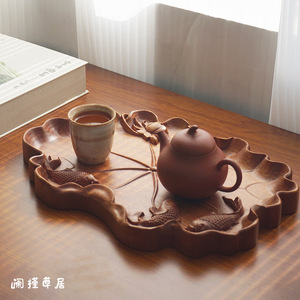 Ebony Wood 3D Carved <b>Tea</b> <b>Tray</b> With Fish Lotus Design Retro Chinese Style For Home Office Use - Product Image 1