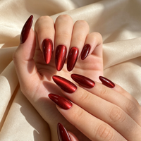 Faux ongles magnétiques réutilisables en amande, effet œil de chat rouge vin, personnalisables en marque blanche pour la vente en gros, qualité salon