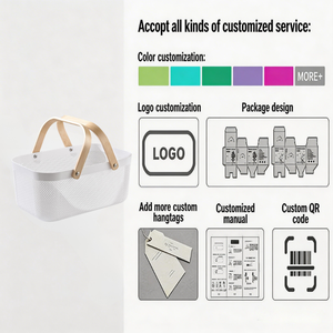 Cesto portaoggetti in plastica nordico con manico in legno, contenitore multifunzionale per bucato e cucina, organizer estetico per il <span class=keywords><strong>bagno</strong></span> - Product Image 6