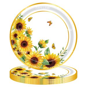 Assiettes en papier sur le thème du tournesol, rondes, impression numérique, ensemble de vaisselle pour fête d'anniversaire, 60-80 pièces, respectueuses de l'environnement - Product Image 1