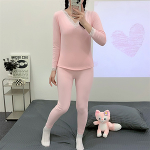 Su misura di alta qualità invernale caldo pigiama nuovo stile con scollo a V con chiusura elastica in vita a tinta unita indumento intimo caldo - Product Image 5