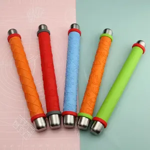 Top grade stable stainless steel textured roller pin with silicone cover and thickness ring easy to roll design pizza dough