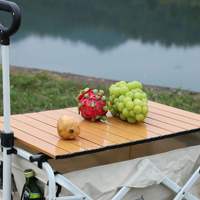 Chariot de camping pliable professionnel avec plateau amovible imitation bois et roues tout-terrain, pliable