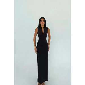 Vestido midi negro con botones y aberturas, largo hasta el suelo, de spandex, liso, a la moda, para uso diario, fiestas, primavera y otoño, talla XL, con forro. - Product Image 3