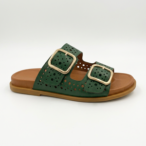Sandales plates en cuir véritable vert, bout ouvert, fermeture à boucle, chaussures d'été respirantes, semelle en caoutchouc - Product Image 1
