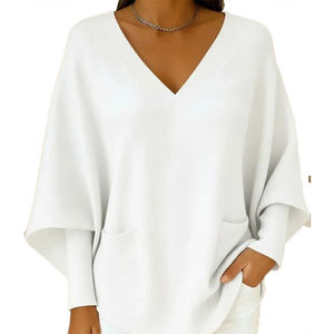 Autumn Winter New Style <b>Loose</b> <b>Sweater</b> Lazy Style Pocket Women's Knitwear Batwing Sleeve Solid Color V-Neck <b>Sweater</b> Women - Product Image 5