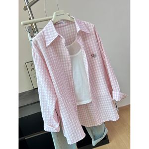 <span class=keywords><strong>Chemise</strong></span> à carreaux gingham brodée pour <span class=keywords><strong>femme</strong></span>, chemisier décontracté ample à manches longues boutonné, haut léger et respirant pour l'été - Product Image 5