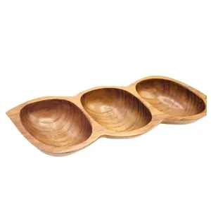 Premium Serving tray wood Round Teak Wood 3 Compartment Tray Home decoration Tableware Kitchenware