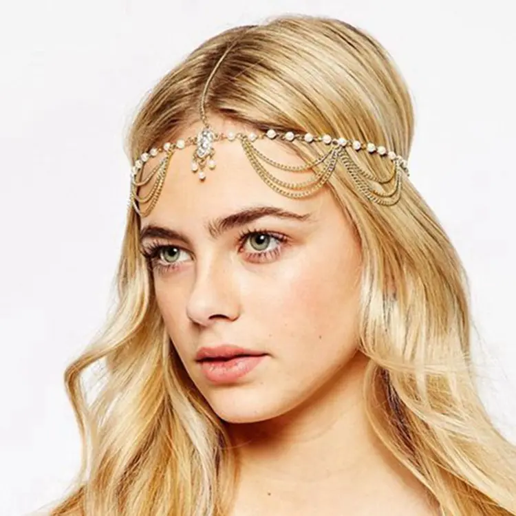 Moda zarif altın Rhinestone kristal inci püskül gelin kafa zinciri düğün saç aksesuarları başlığı kadınlar için