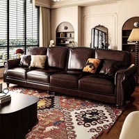 Canapé d'angle en cuir véritable style rétro américain, 3 places, avec accoudoirs rivetés et capitonnés, en forme de L, pour hôtel, villa, salon