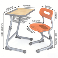 Table d'étude ergonomique individuelle pour étudiant, mobilier scolaire en PP, bureau d'écolier en PP, mobilier de classe en métal et bois