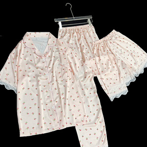 Primavera y verano nuevo encaje francés de encaje de manga corta dulce Floral niñas Casual y cómodo ropa de casa pijamas conjunto de tres piezas - Product Image 5