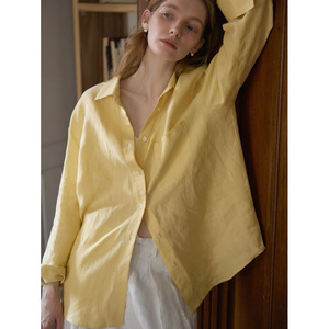 Camicie da <span class=keywords><strong>donna</strong></span> in <span class=keywords><strong>lino</strong></span> a maniche lunghe con bottoni, camicetta casual ampia per il commuting, camicie oversize con tasche e risvolto per primavera estate - Product Image 1