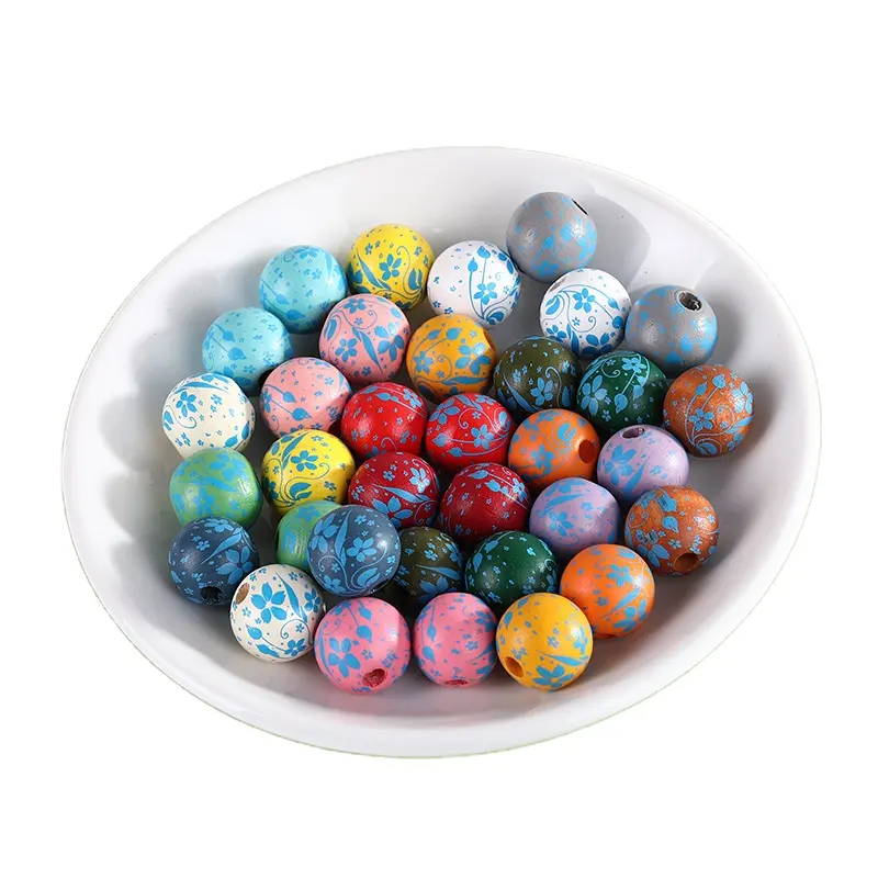 Hobbyouvrier — perles rondes en bois pour enfants, bijoux faits à la main, impression de fleurs, 5 pétales de couleurs, 16mm, DIY