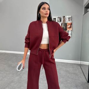Conjunto de Traje de Dos Piezas para Mujer, Informal, de Otoño, en Color Sólido, Tejido de Poliéster/Spandex, con Chaqueta con Cremallera y Pantalones Rectos - Product Image 3