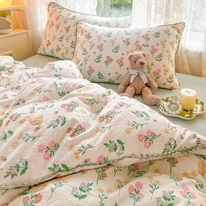 Calidad Simple estilo francés Pastoral encaje pequeño Floral impreso hoja edredón conjunto de cuatro piezas ropa de cama transpirable 4 tamaños-King - Product Image 1