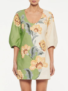 Floral Print V-Neck Loose Mini Dress <b>Three</b> Quarter Puff Sleeve Casual Summer Woven Women's Dress - Product Image 1