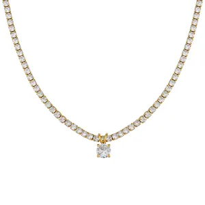 High Quality CZ Gold Plated Claw Set Round Pendant Zircon Tennis Diamond Necklace