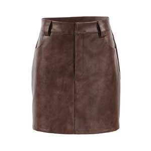 Autumn and Winter Retro High-end <strong>Brown</strong> Synthetic <strong>Leather</strong> High Waisted Straight <strong>Skirt</strong> Temperament Women's Short <strong>Skirt</strong> - Product Image 1